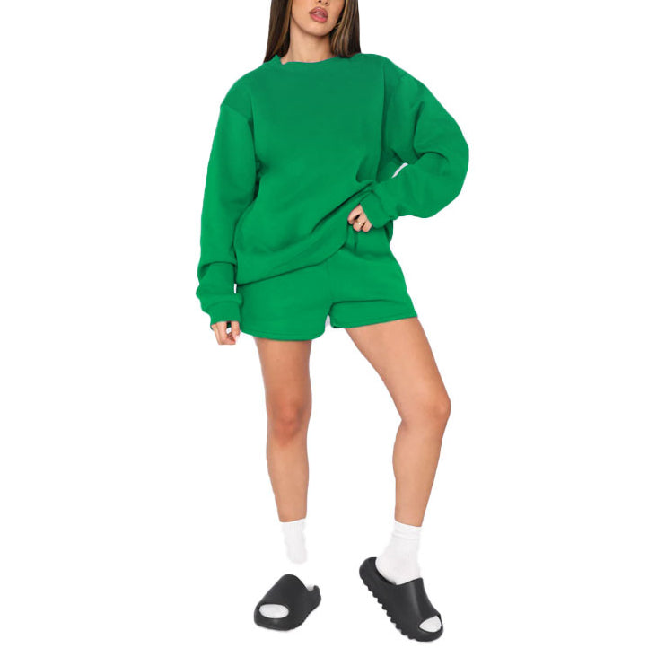 Solid Color Round Neck Pullover Long Sleeve Sweatshirt Shorts Set Wholesale Womens Clothing N3823103000014