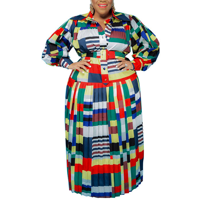 Wholesale Women Plus Size Clothing Color Contrast Striped Pleated Belt Dress