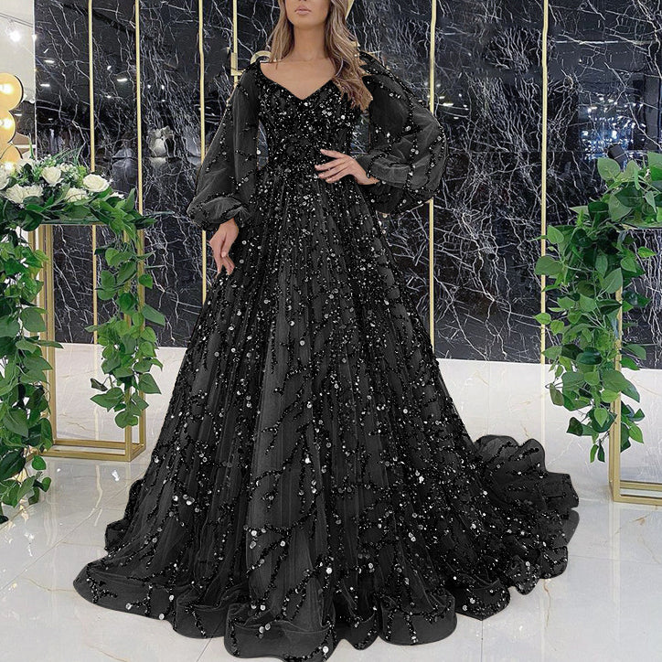 Beaded Evening Gown Puff Sleeve Maxi Dresses Wholesale Womens Clothing N3823111600011