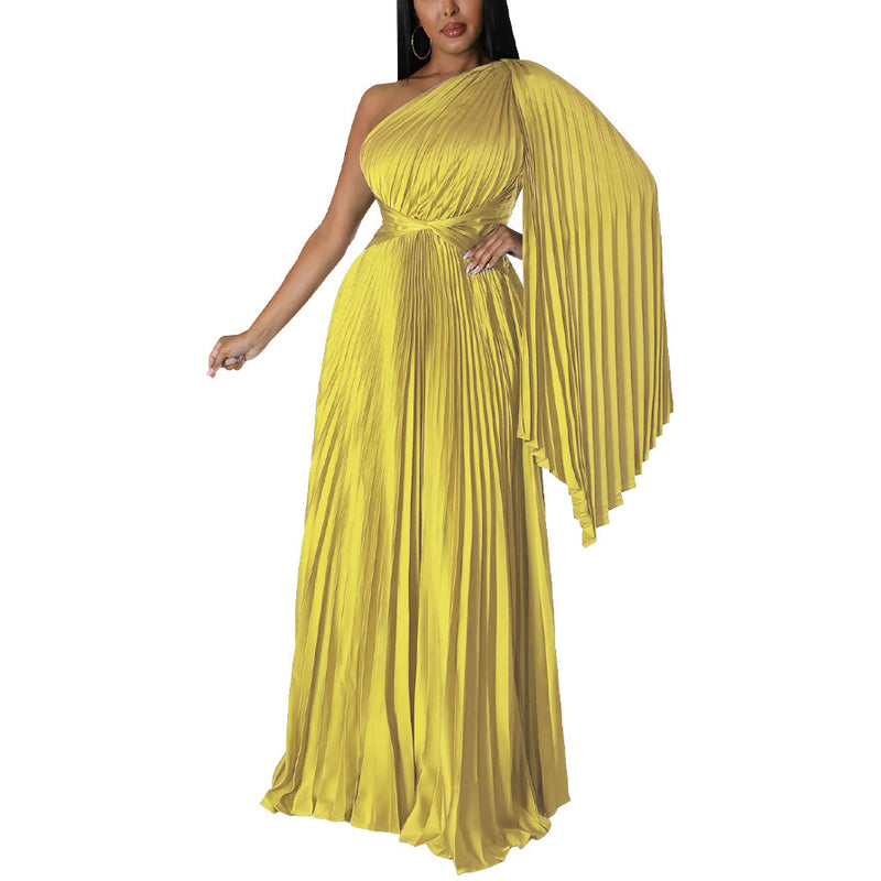 One-Shoulder Pleated Slant Neck Waist Imitation Silk Dress Wholesale Womens Clothing N3823103000072