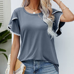Women's Round Neck Tassel Tulip Sleeve T-Shirt Casual Tops Wholesale Womens Clothing N3824010500031