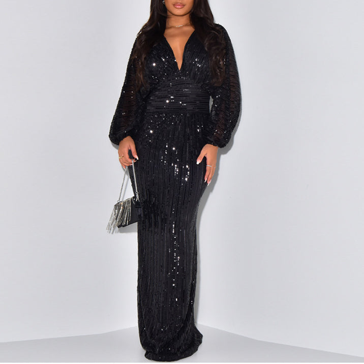 Sequined Long Sleeve V Neck Sexy Beads Maxi Dresses Wholesale Womens Clothing N3823112000097