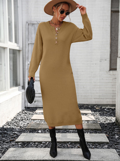 Fashion Solid Colour Long Sleeve Button Down Knit Dress Wholesale Dresses