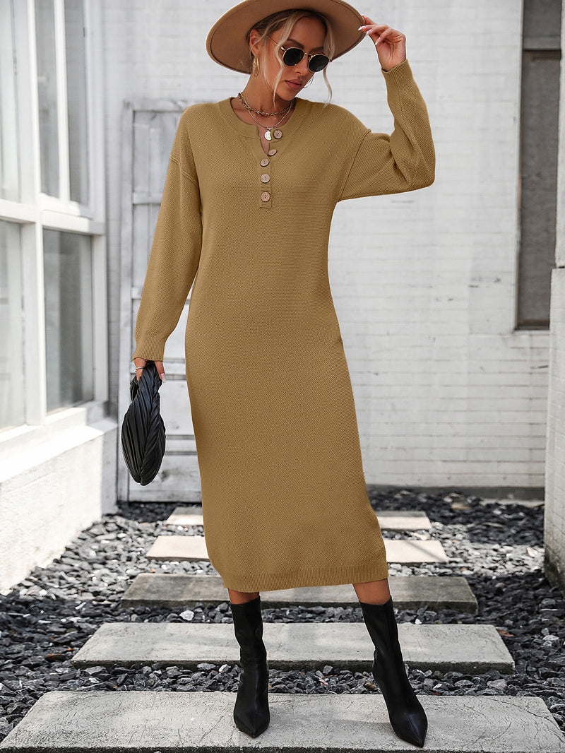 Fashion Solid Colour Long Sleeve Button Down Knit Dress Wholesale Dresses
