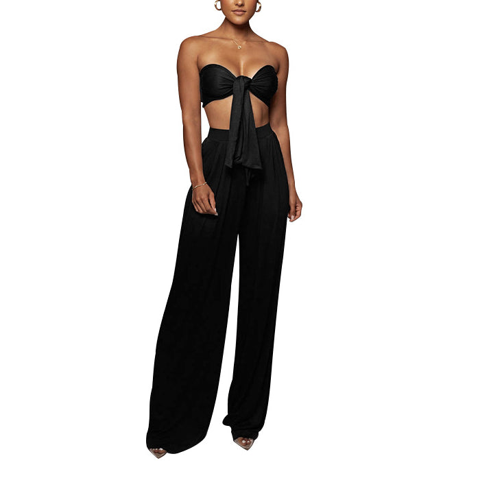 Women's Two-piece Sexy Solid Color Strappy Bandeau Tops Wide-Leg Pants Wholesale Womens Clothing N3823103000027