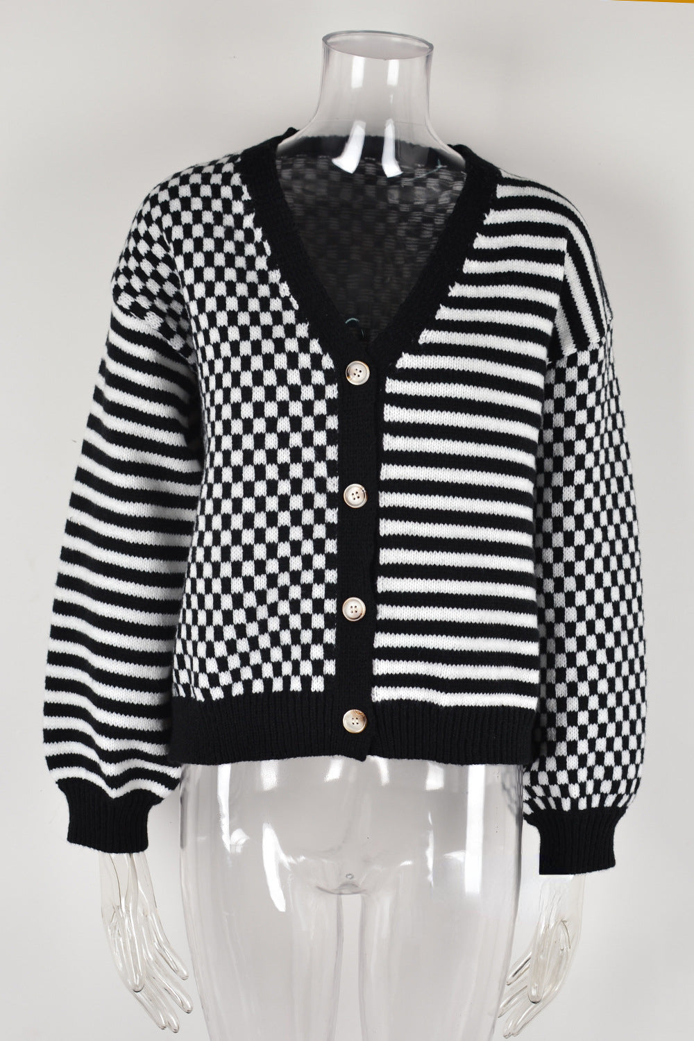 Knit Plaid Stitching Stripe Button Up Cardigan Sweater Wholesale Women'S Top