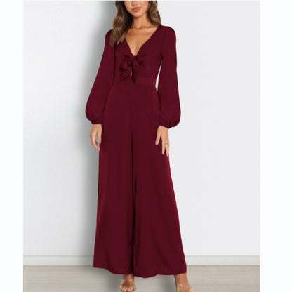 Temperament Commuting Deep V Long-Sleeved Wide-Leg Jumpsuit Wholesale Women'S Clothing