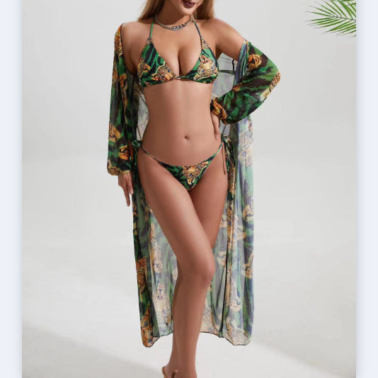 Animal Print Mesh Blouse Halterneck Bikini Three Piece Set Wholesale Womens Clothing