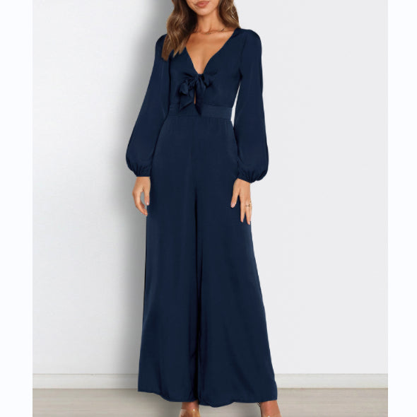 Temperament Commuting Deep V Long-Sleeved Wide-Leg Jumpsuit Wholesale Women'S Clothing