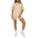 Solid Color Short Sleeve Crew Neck Pullover Top Casual Shorts Set Wholesale Womens Clothing N3823103000023