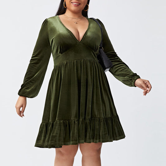 Wholesale Women Plus Size Clothing Long Sleeve Low Cut Slim Fit Swing Dress