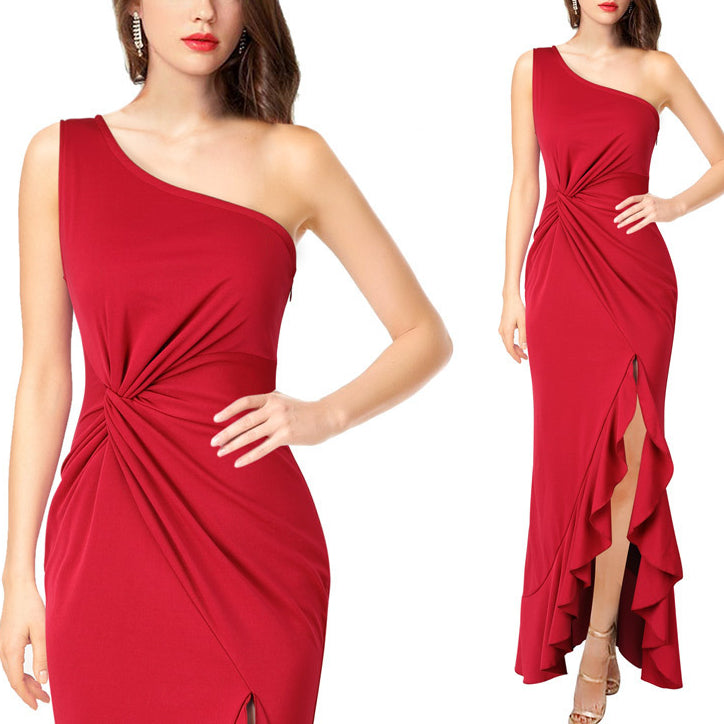 One-Shoulder Solid Color Large-Scale Slim-Fit Banquet Dress Wholesale Dresses