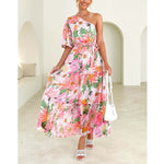 Elegant Short-Sleeved Floral Print Long Large Hem Dress Wholesale Dresses