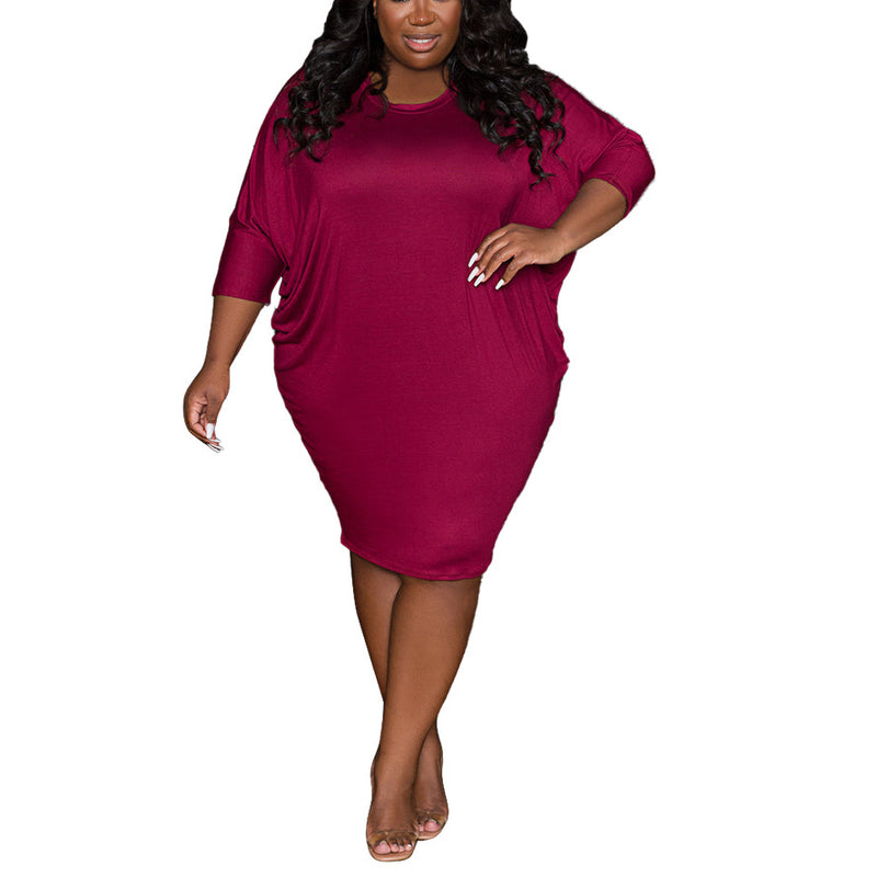 Solid Color Pleated Round Neck Loose Dress Wholesale Plus Size Womens Clothing N3823100900029