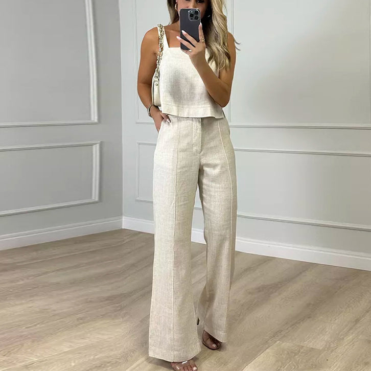 Casual Solid Color Camisole Wide-Leg Bootcut Trousers Wholesale Womens 2 Piece Sets N3823100900076
