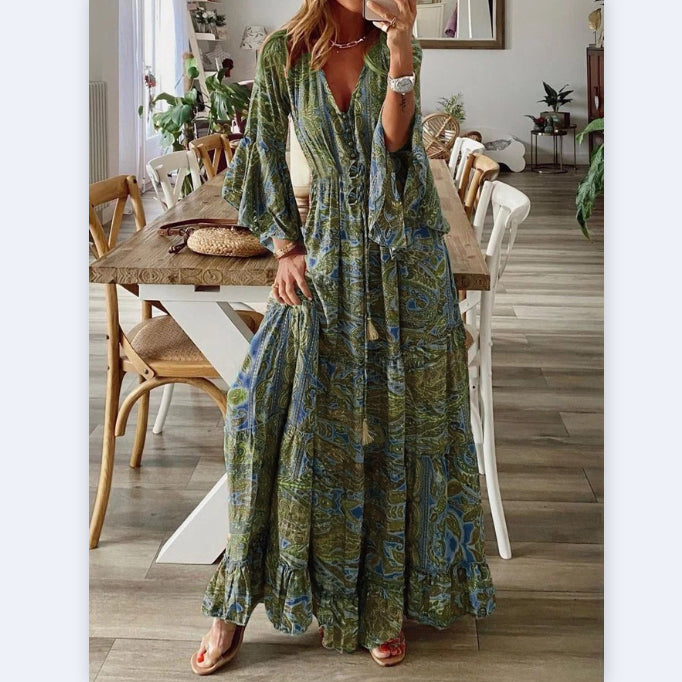 Bohemian Trumpet Sleeve Printed Low-Cut Tassel Dress Wholesale Dresses N4623051700085