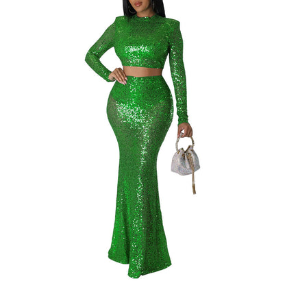 Sequined Fishtail Skirt Suit Two Piece Set Wholesale Womens Clothing N3823103000111