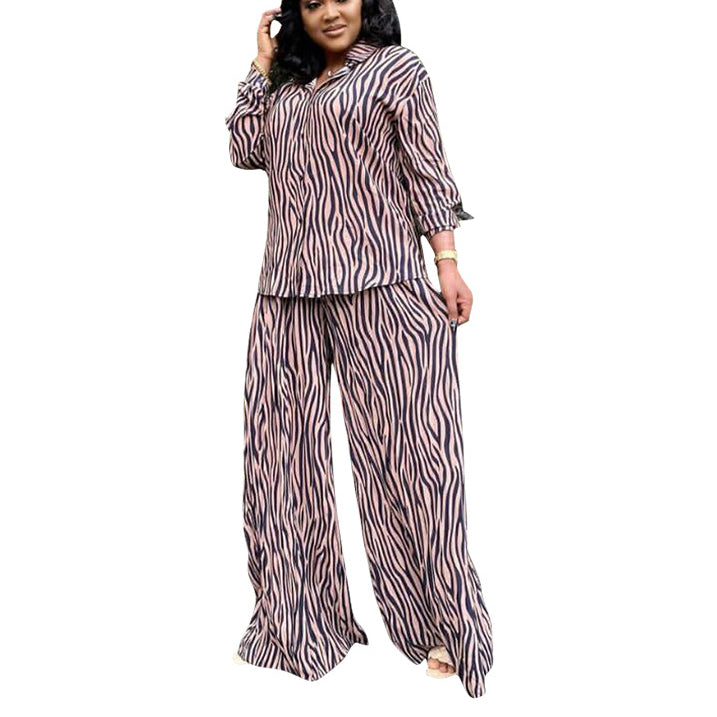 Zebra Stripe Long Sleeve Shirts And Pants Two Piece Set Wholesale Plus Size Womens Clothing N3823100900028
