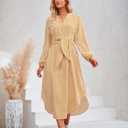 Striped Strappy Long-Sleeved Simple Irregular Dress Wholesale Dresses N4623052300093