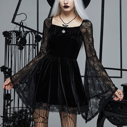 Dark Punk Gothic Slim Fit Spider Web Bell Sleeve Square Neck Dress Wholesale Dresses