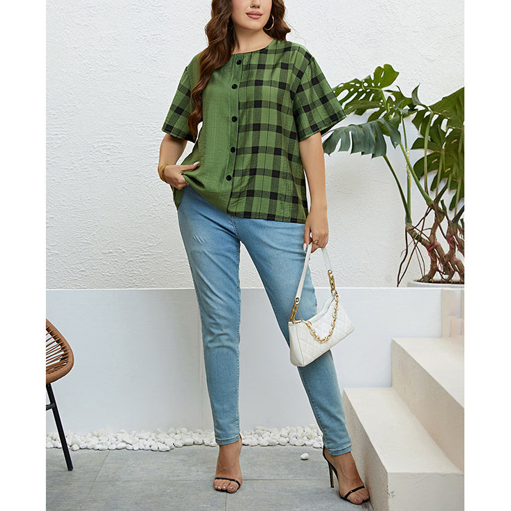 Casual Short-Sleeved Single-Breasted Round Neck Plaid Top Wholesale Plus Size Clothing