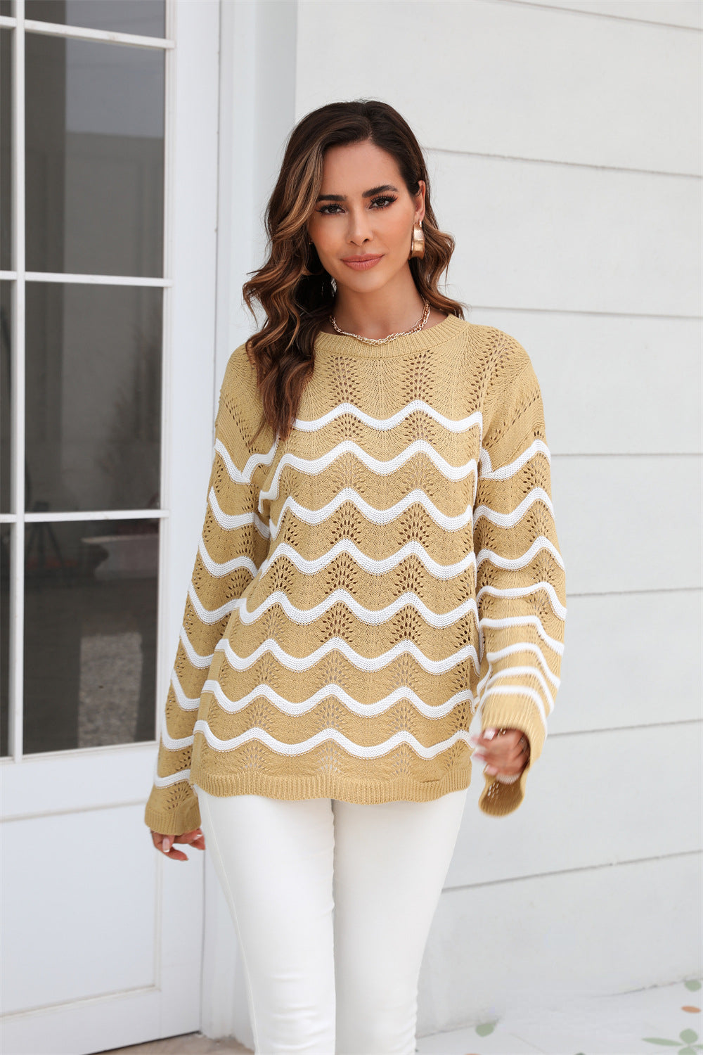 Wave Contrast Knit Long Sleeve Hollow Pullover Sweater Wholesale Women'S Top