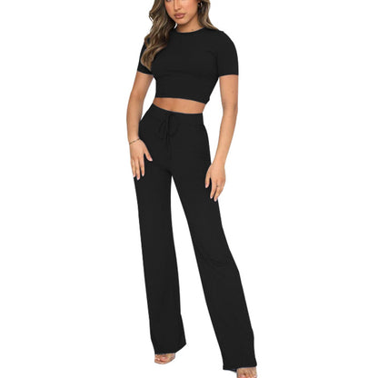 Solid Color High-Elastic Ribbed Cropped Tops And Wide-Leg Pants Two-Piece Set Wholesale Womens Clothing N3823103000015