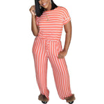 Wholesale Plus Size Womens Clothing Striped Short-Sleeved Wide-Leg Pants Casual Two-Piece Suit
