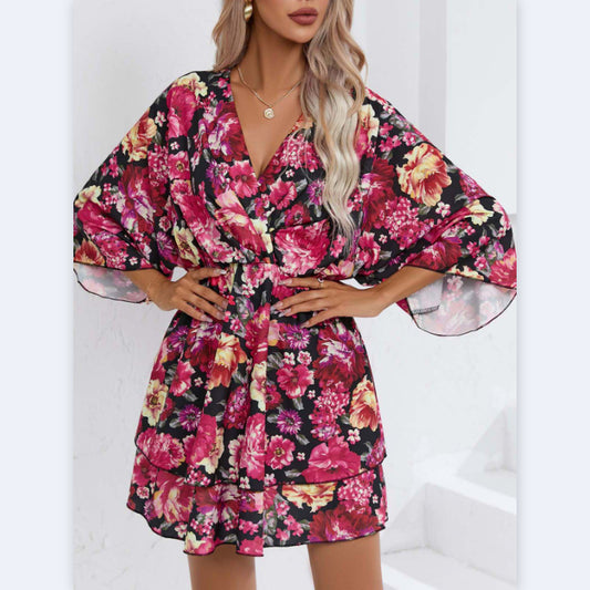 Slim Printed 3/4 Sleeve V-Neck Dress Wholesale Dresses