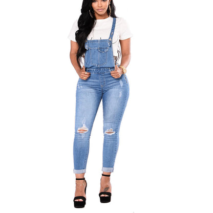 Fashion Hole Denim Suspender Straight Jumpsuit Wholesale Jumpsuits