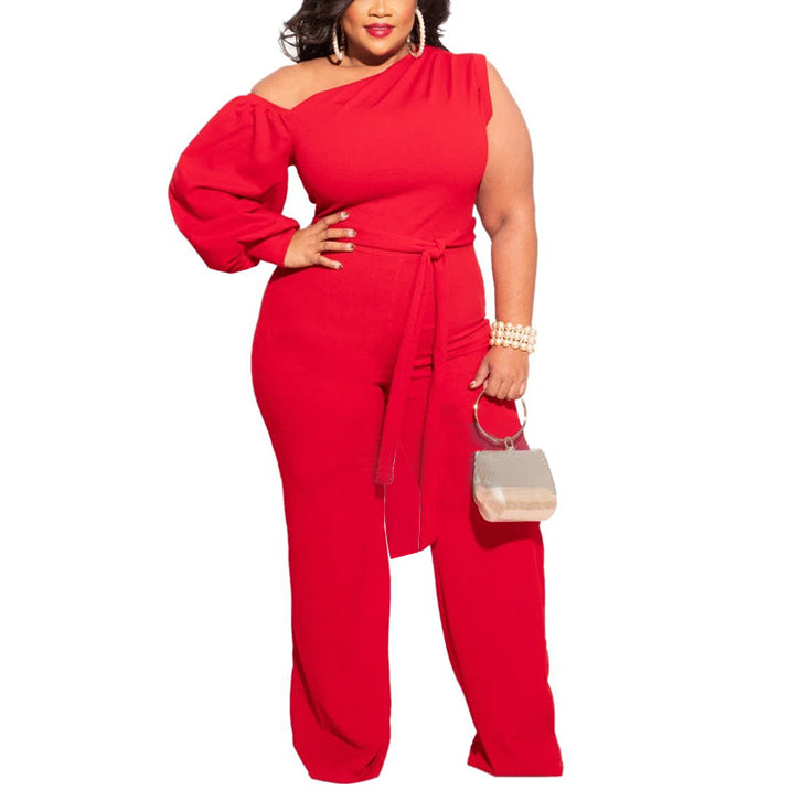 One-Shoulder Solid Color Single Sleeve Jumpsuits And Rompers Wholesale Plus Size Womens Clothing