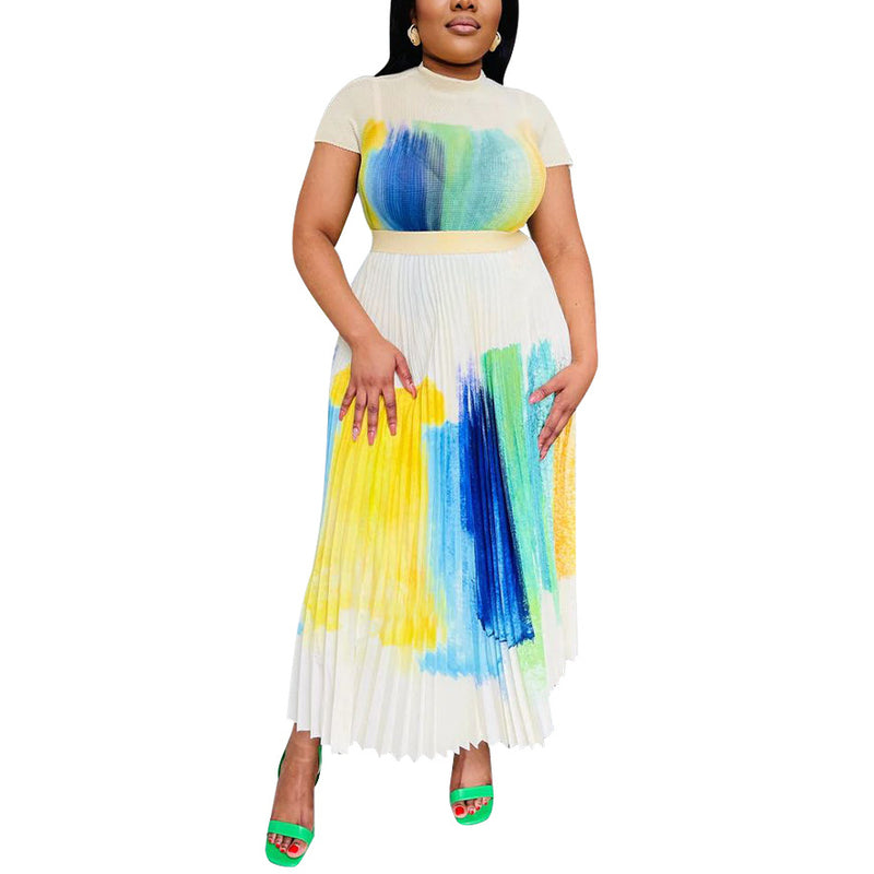 Colorful Round Neck Short Sleeve Printed Pleated Dress Wholesale Womens Clothing N3823103000109