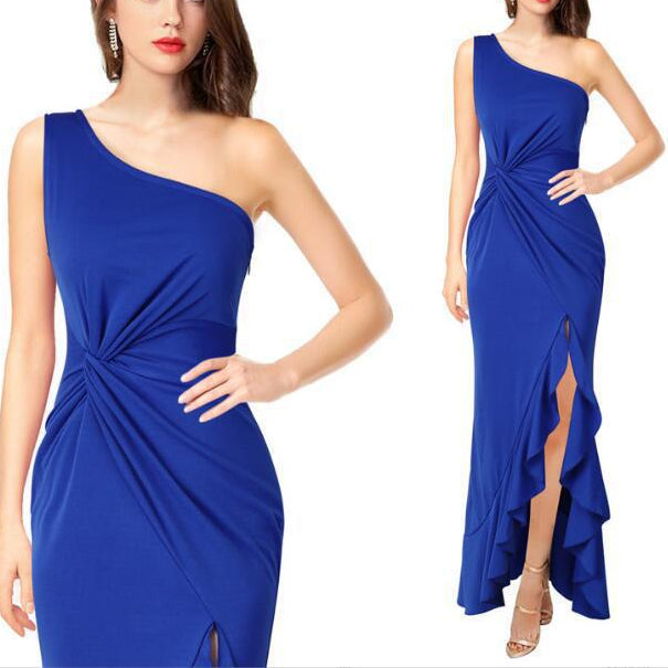 One-Shoulder Solid Color Large-Scale Slim-Fit Banquet Dress Wholesale Dresses