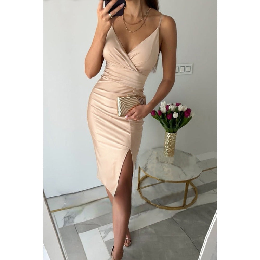 Sexy Solid Color V-Neck Package Hip Suspender Dress Wholesale Dresses