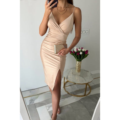 Sexy Solid Color V-Neck Package Hip Suspender Dress Wholesale Dresses