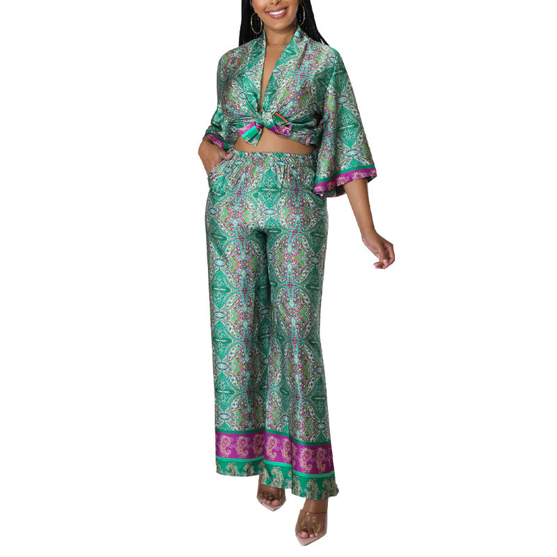 Simulated Silk Printed Cardigan And Wide-Leg Pants Two-Piece Set Wholesale Womens Clothing N3823103000081