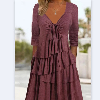 Casual Long Sleeve V Neck Tie Irregular Cake Dresses Wholesale Dresses