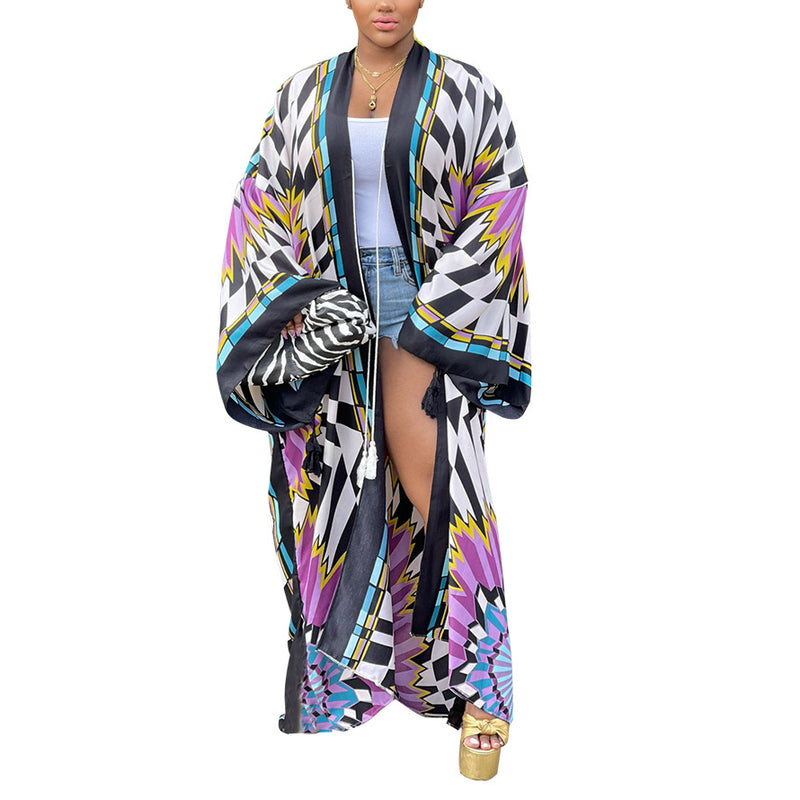 Simulated Silk Multi-Print Fashionable Casual Trench Coats Wholesale Plus Size Womens Clothing N3823103000064