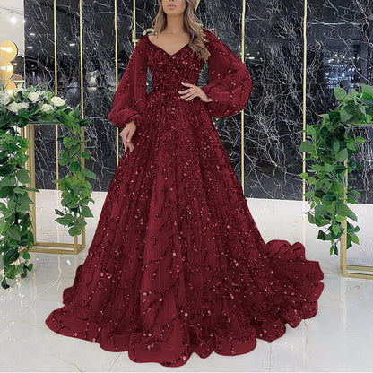 Beaded Evening Gown Puff Sleeve Maxi Dresses Wholesale Womens Clothing N3823111600011