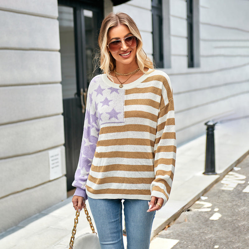 Contrast Stripe Knit Long Sleeve Crewneck Sweater Wholesale Women'S Top
