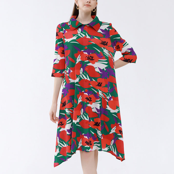 Midi Sleeve Loose Neck Floral Ruffle Dress Wholesale Dresses