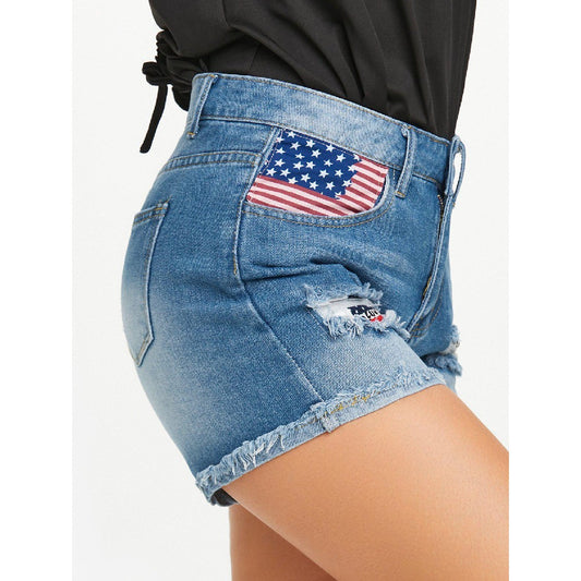 Casual Torn Flag Print Tassel Denim Shorts Wholesale Womens Clothing