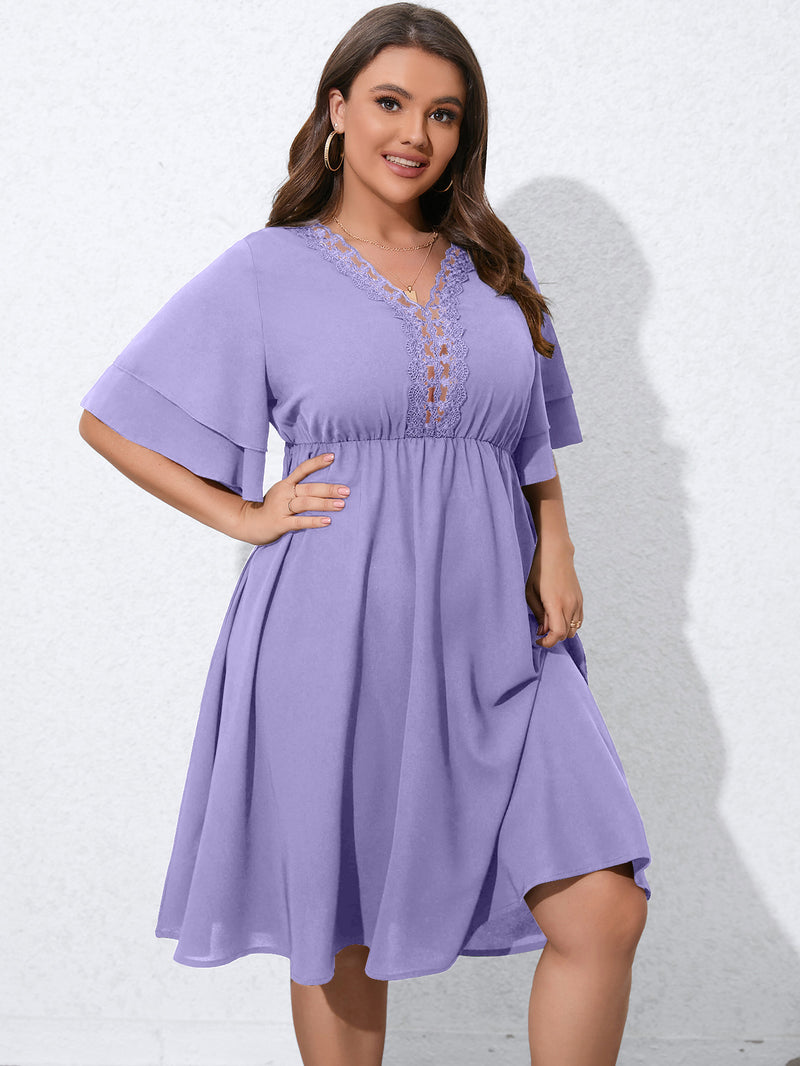 Wholesale Plus Size Womens Clothing Flared Sleeves Cutout V-Neck Slim Fit Dress