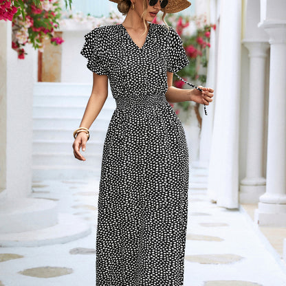 V-Neck Tie Slit Print Slim Fit Elegant Short-Sleeved Dress Wholesale Dresses