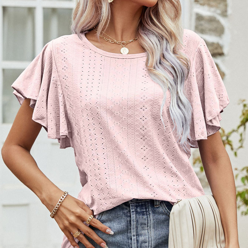 Women's Hollow Round Neck Ruffle Sleeve Casual T-Shirt Wholesale Womens Clothing N3824010500029