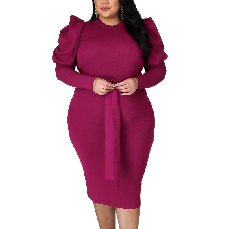 Fashionable Solid Color Long Sleeve Belted Slim Fit Wholesale Plus Size Dress Clothing N3823100900055