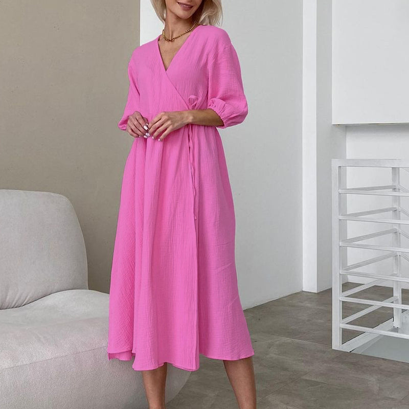 Loose Solid Color Tie Slit Comfortable Temperament Casual Dress Wholesale Dresses