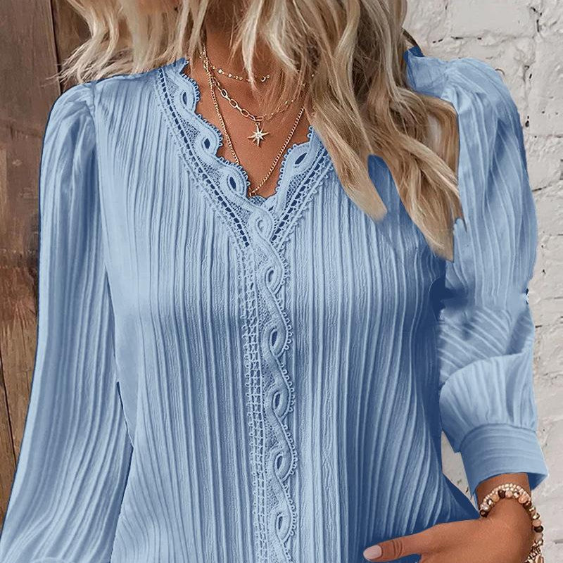 Casual Long Sleeve V-Neck Lace Patchwork Blouse Wholesale Womens Tops
