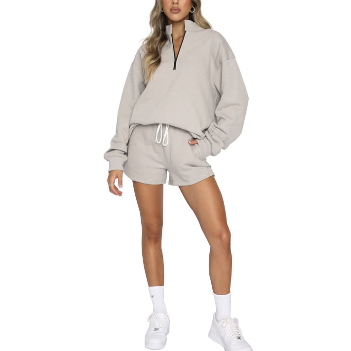 Solid Color Stand Collar Zipper Pullover Sweatshirt And Shorts Set Wholesale Womens Clothing N3823103000018