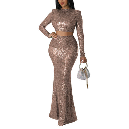 Sequined Fishtail Skirt Suit Two Piece Set Wholesale Womens Clothing N3823103000111